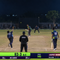 Cricket overlay ticker displaying live scores during a grassroots cricket broadcast